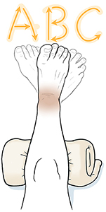 Line art of foot with ghosted-in positions showing foot drawing letters of alphabet.  SOURCE: Based on EMuscsk_20150226_v0_001. Used in 15B12210, 83785_1,82384_1, 40859_1.